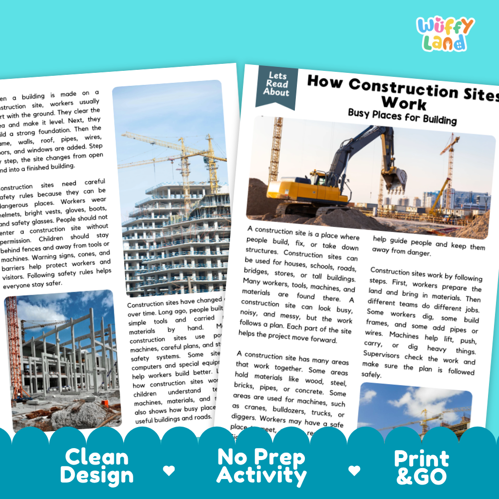 Teacher answer key page showing complete question solutions for construction site reading comprehension practice