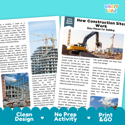 Teacher answer key page showing complete question solutions for construction site reading comprehension practice