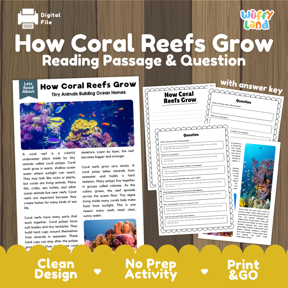 How coral reefs grow reading comprehension passage and questions printable activity pack with answer key for elementary students