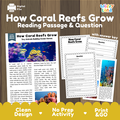 How coral reefs grow reading comprehension passage and questions printable activity pack with answer key for elementary students
