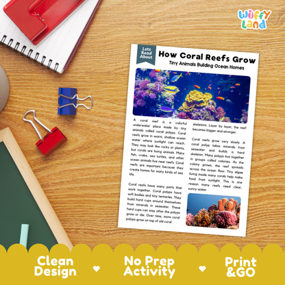 Student reading comprehension worksheet with short-answer questions and lined sections about how coral reefs grow