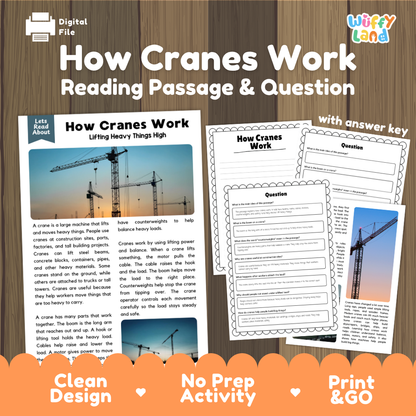 How cranes work reading comprehension passage and questions printable activity pack with answer key for elementary students
