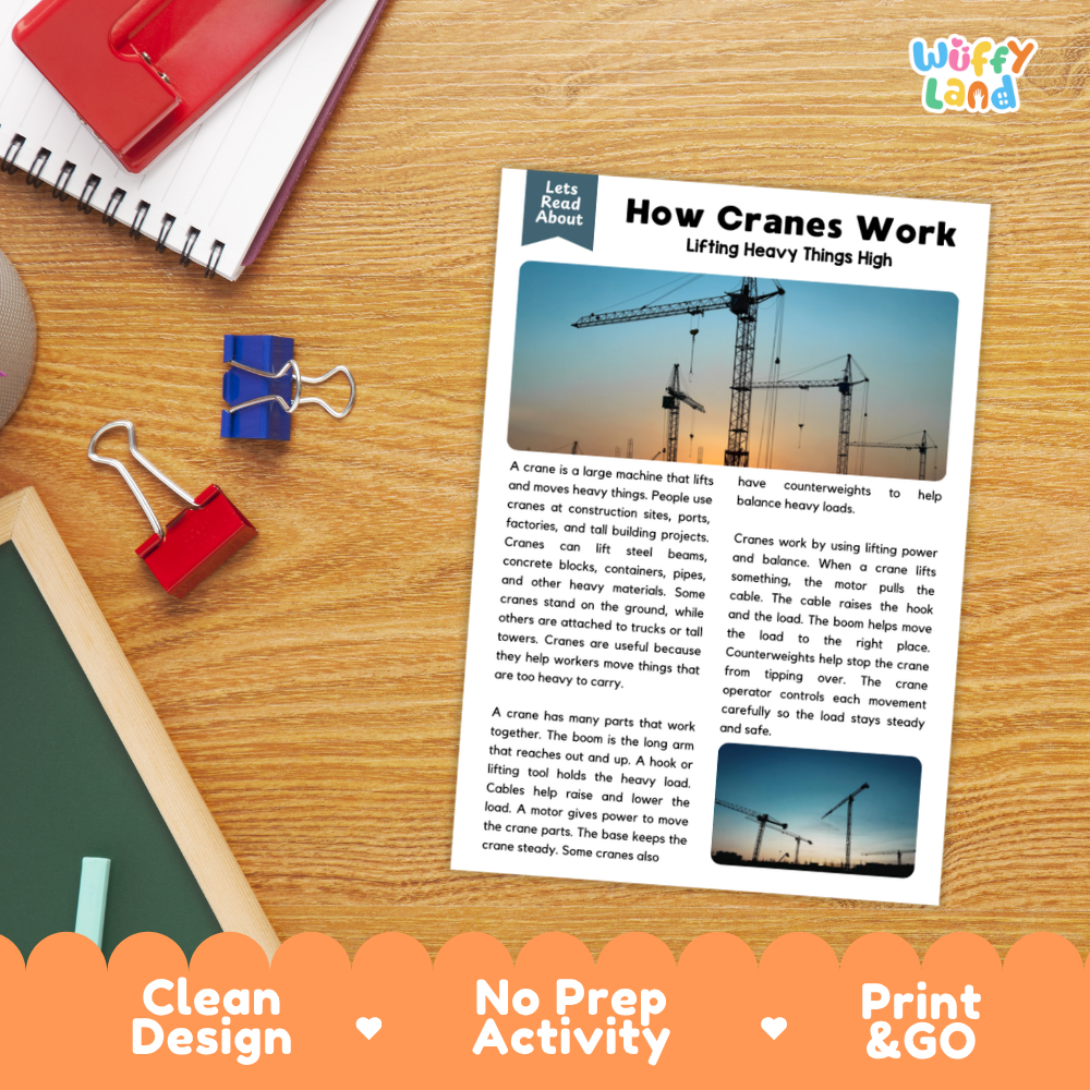 Student reading comprehension worksheet with short-answer questions and lined sections about crane operations