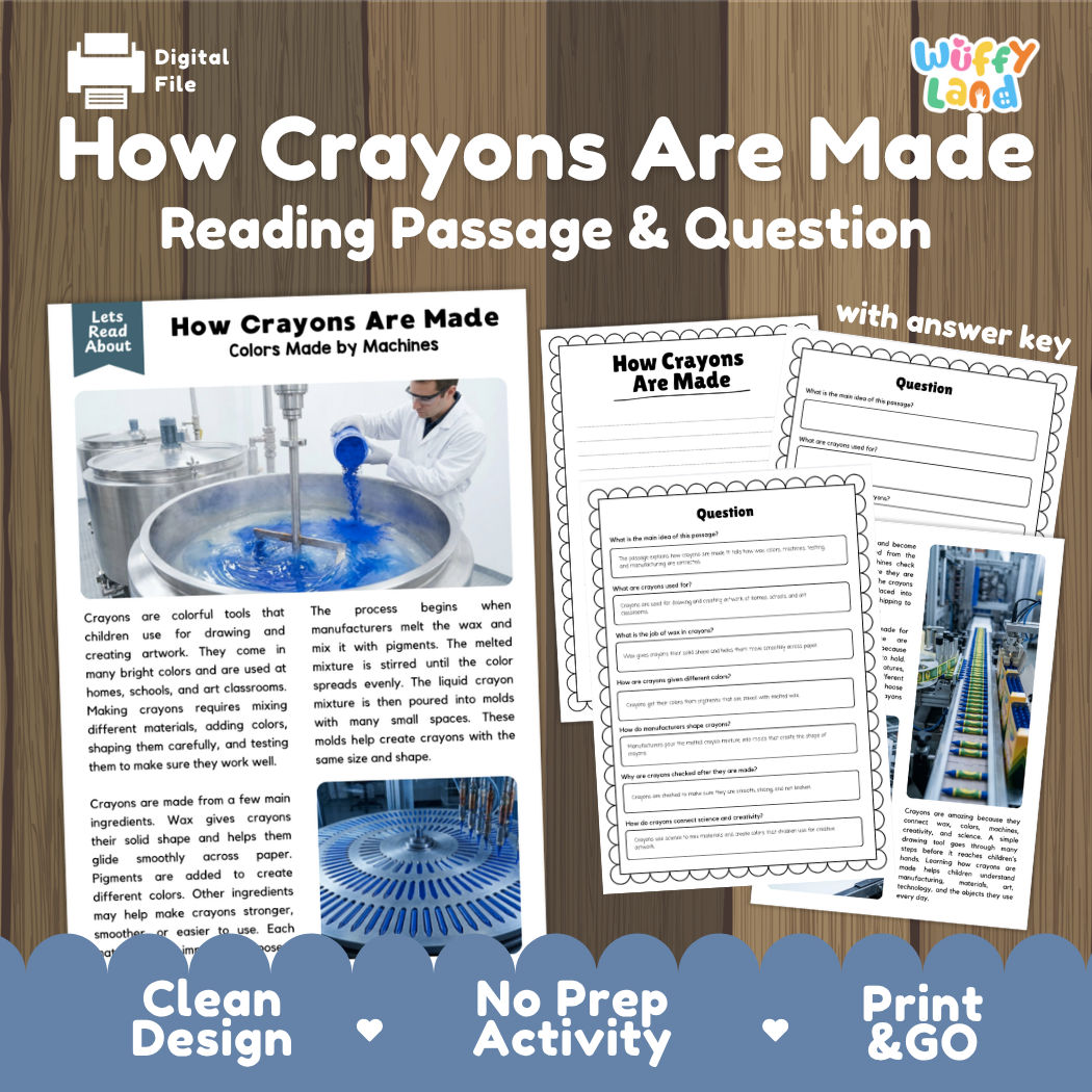 How Crayons Are Made reading comprehension passage and questions activity pack with full answer key for students