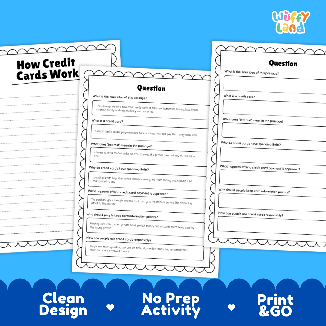 Educational reading passage explaining borrowing money, monthly bills, interest, and how credit cards work