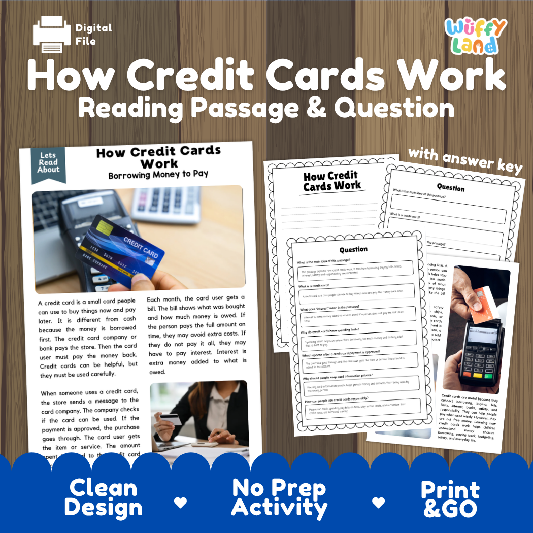 How Credit Cards Work reading comprehension passage and questions activity pack with full answer key for students