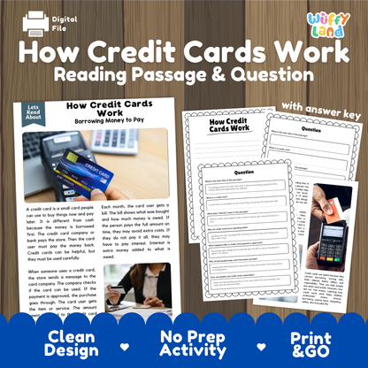 How Credit Cards Work reading comprehension passage and questions activity pack with full answer key for students