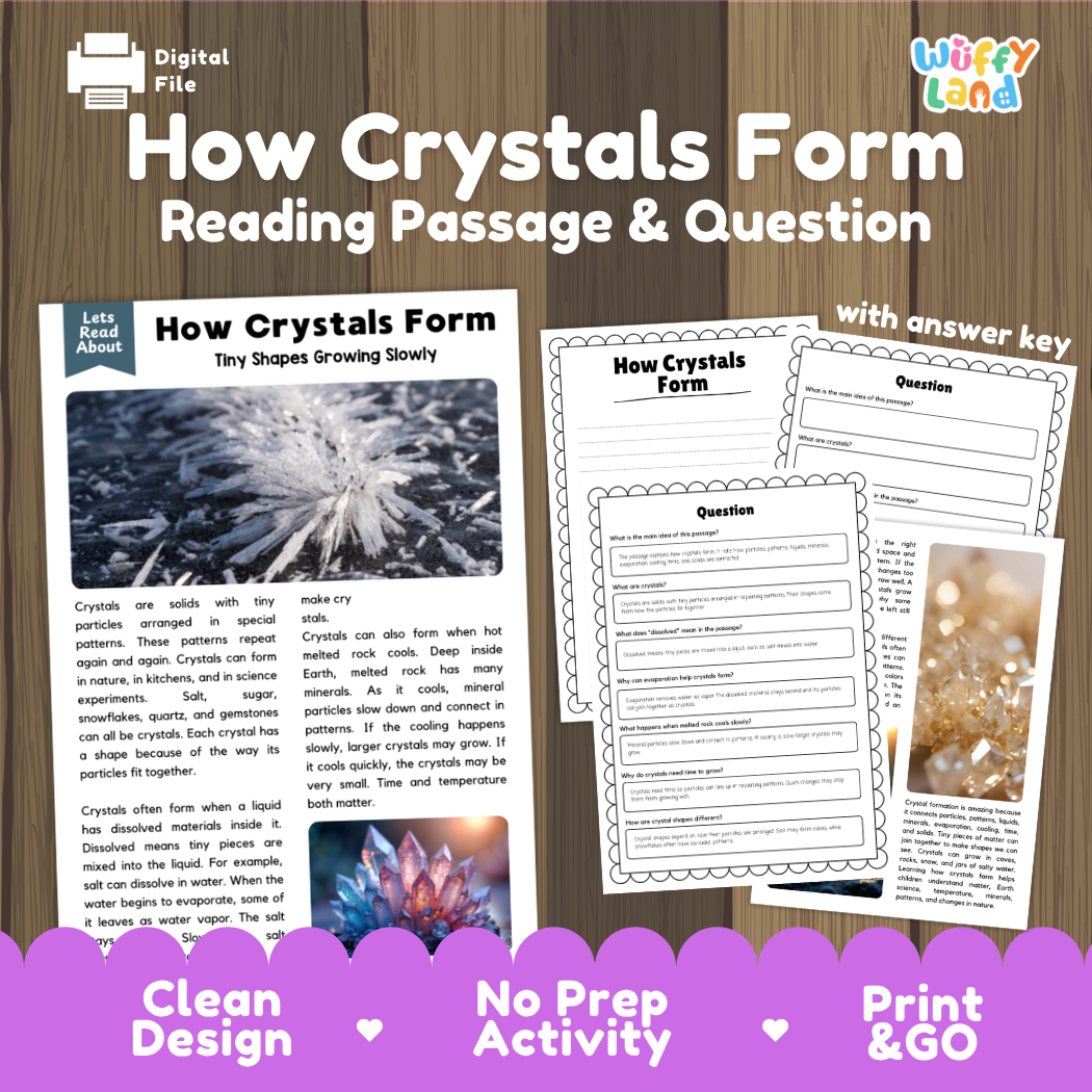 How Crystals Form reading comprehension passage and questions activity pack with full answer key for students