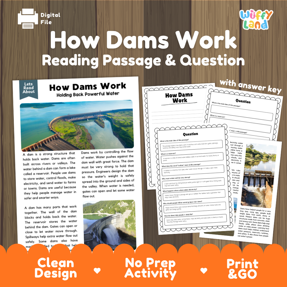 How dams work reading comprehension passage and questions printable activity pack with answer key for elementary students
