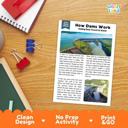 Student reading comprehension worksheet with short-answer questions and lined sections about how dams work
