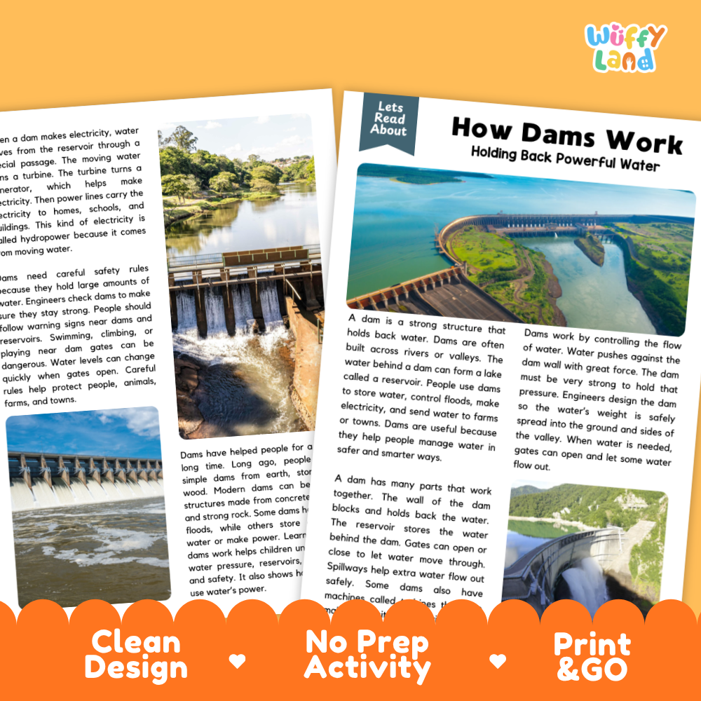 Teacher answer key page showing complete question solutions for how dams work reading comprehension practice
