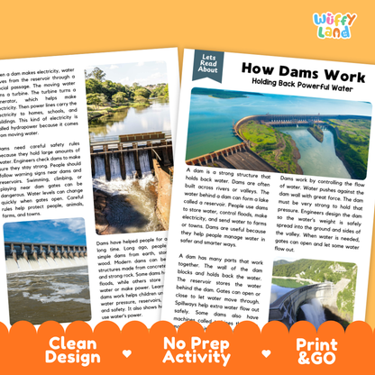 Teacher answer key page showing complete question solutions for how dams work reading comprehension practice