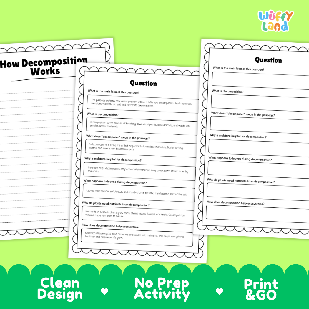Educational reading passage explaining decomposers, bacteria, fungi, and how nature recycles dead materials into nutrients