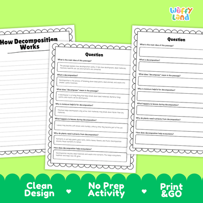 Educational reading passage explaining decomposers, bacteria, fungi, and how nature recycles dead materials into nutrients