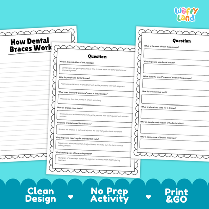 Educational reading passage explaining brackets, wires, gentle pressure, and how dental braces work