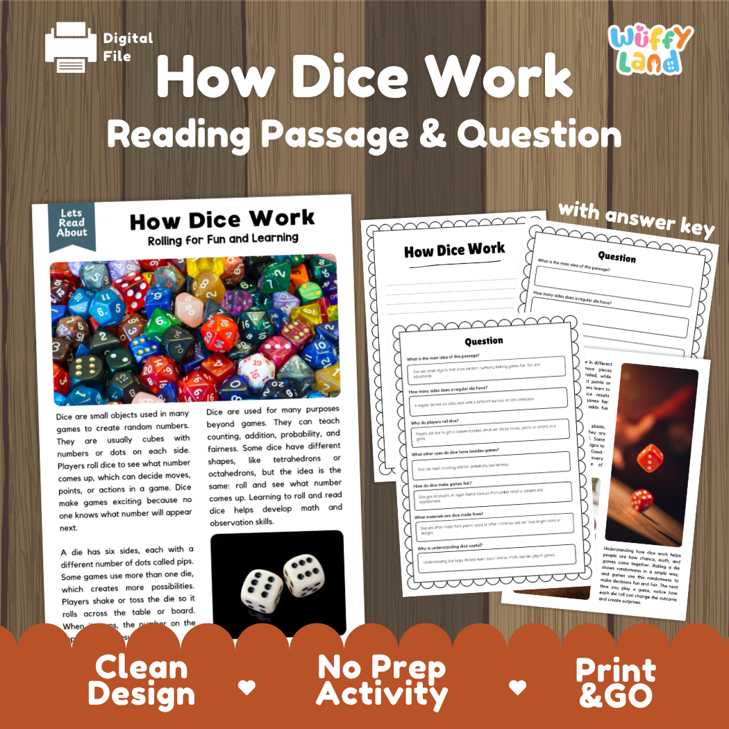 How Dice Work reading comprehension passage and questions activity pack with full answer key for students