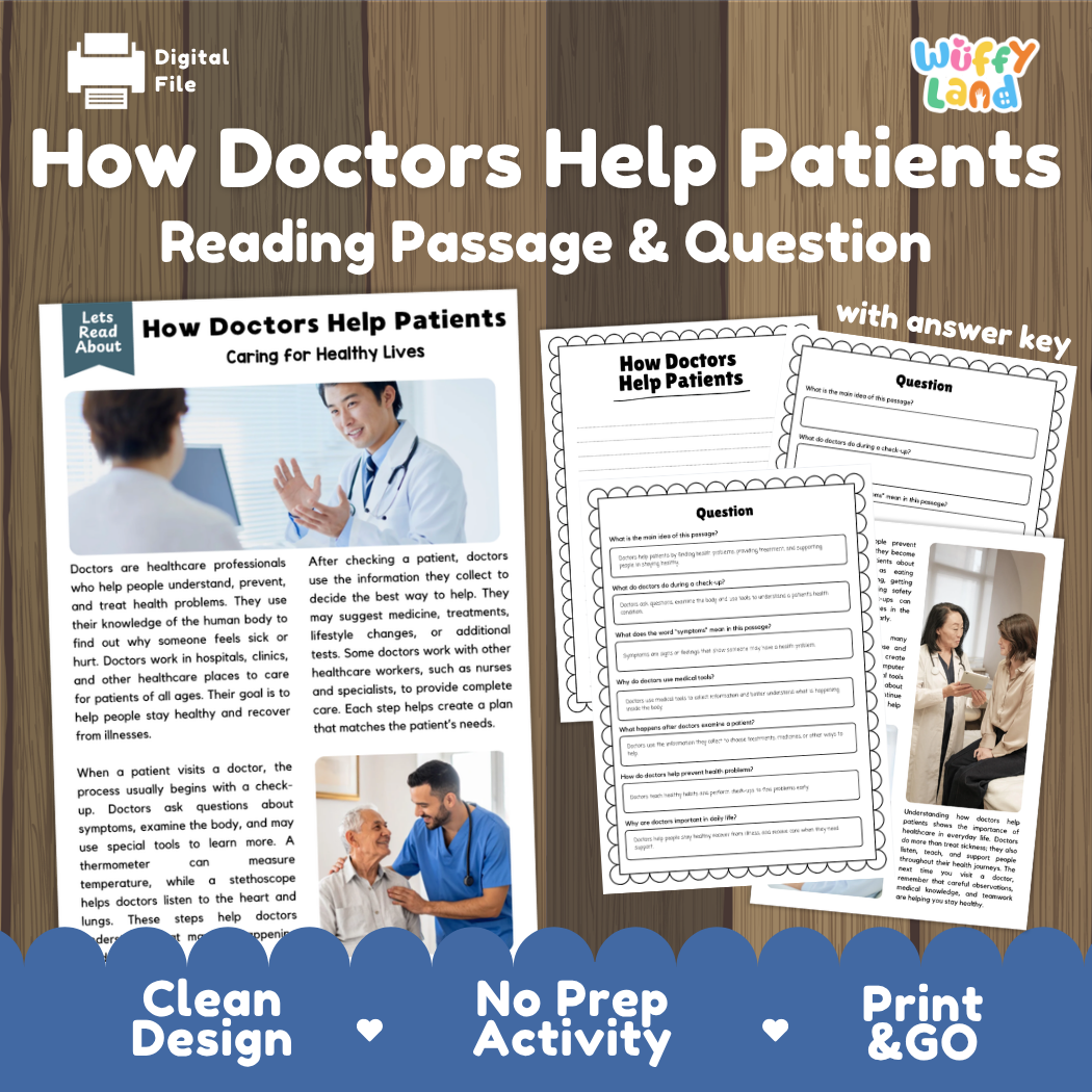 How Doctors Help Patients reading comprehension passage and questions activity pack with full answer key for students
