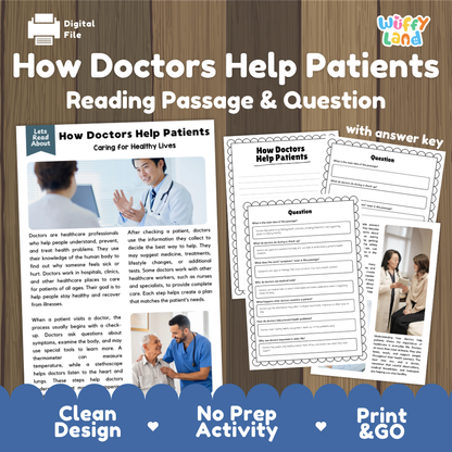 How Doctors Help Patients reading comprehension passage and questions activity pack with full answer key for students