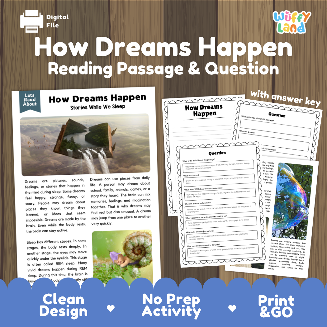 How Dreams Happen reading comprehension passage and questions activity pack with full answer key for students