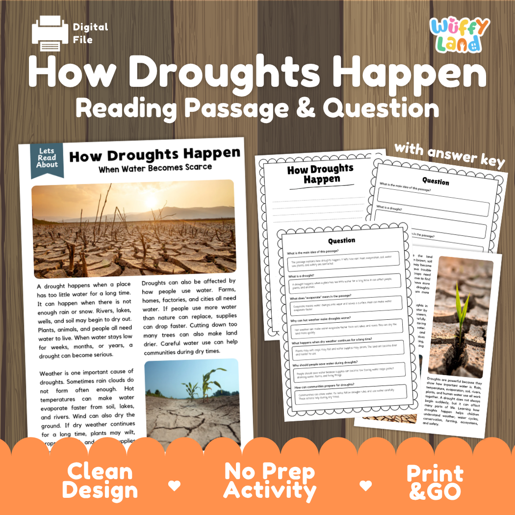 How Droughts Happen reading comprehension passage and questions activity pack with full answer key for students