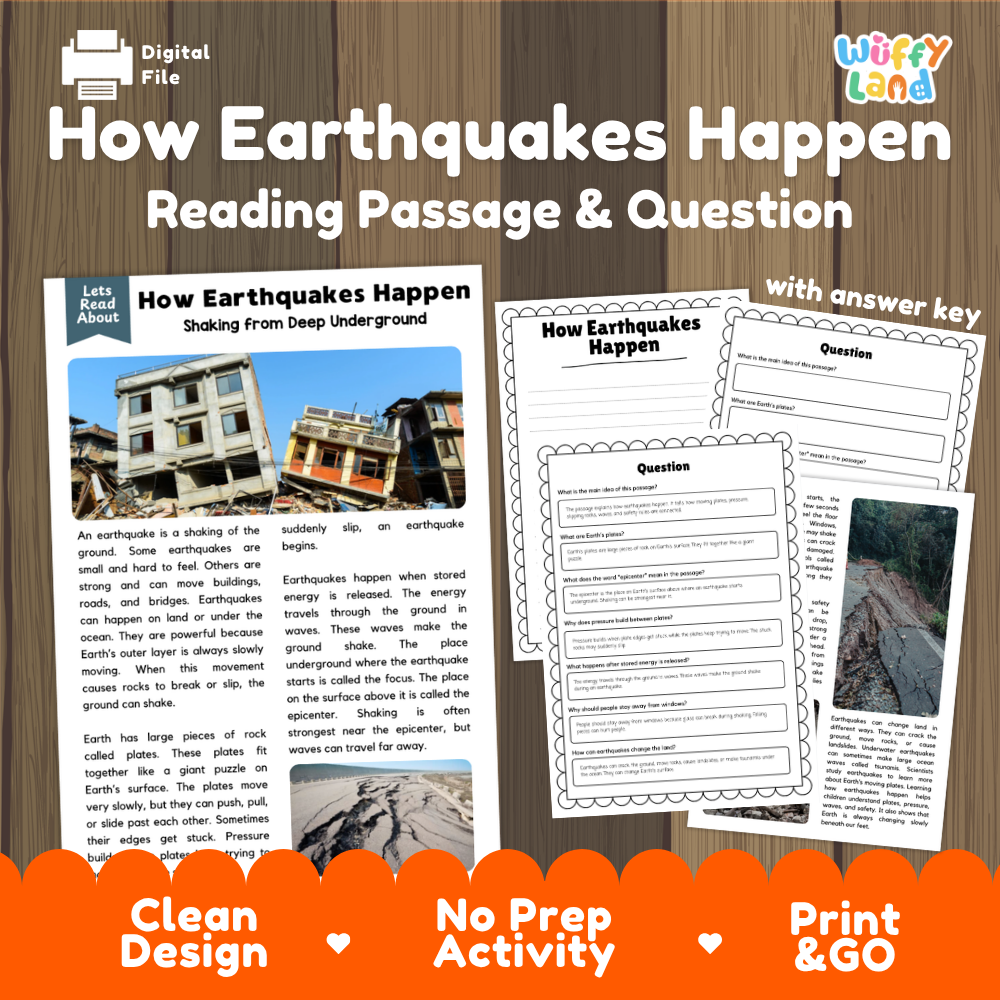 How earthquakes happen reading comprehension passage and questions printable activity pack with answer key for elementary students