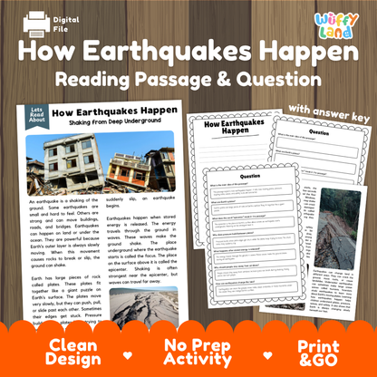 How earthquakes happen reading comprehension passage and questions printable activity pack with answer key for elementary students