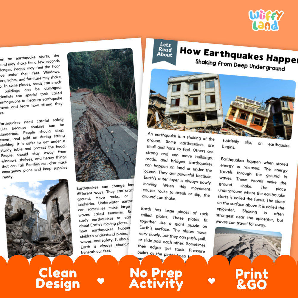 Teacher answer key page showing complete question solutions for how earthquakes happen reading comprehension practice