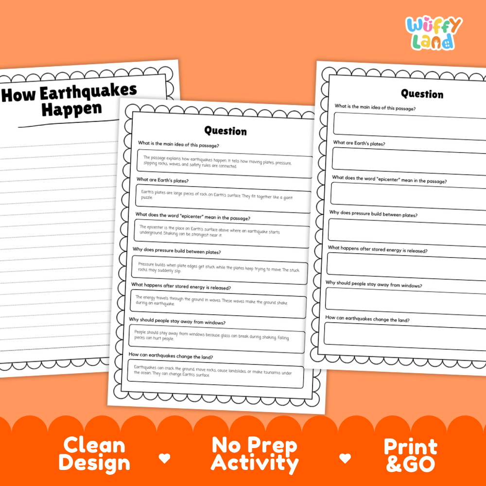 Informational reading passage page detailing earthquake causes tectonic plates epicenter focus seismic waves and safety with photos