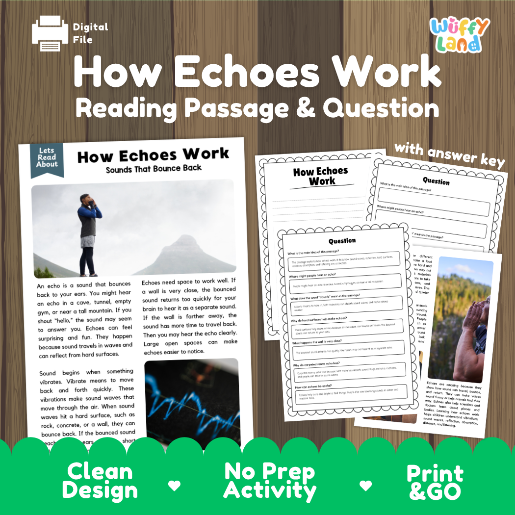 How echoes work reading comprehension passage and questions printable activity pack with answer key for elementary students