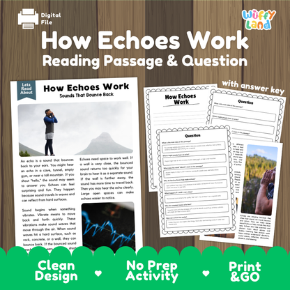 How echoes work reading comprehension passage and questions printable activity pack with answer key for elementary students