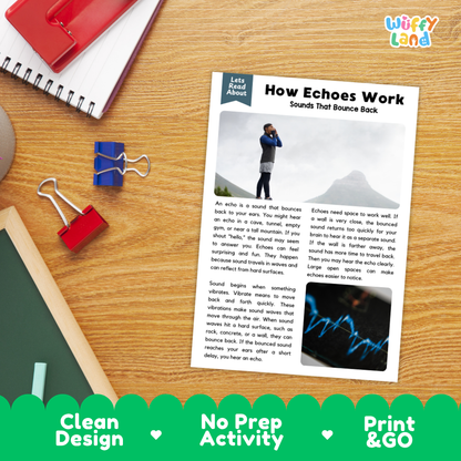 Student reading comprehension worksheet with short-answer questions and lined sections about how echoes work