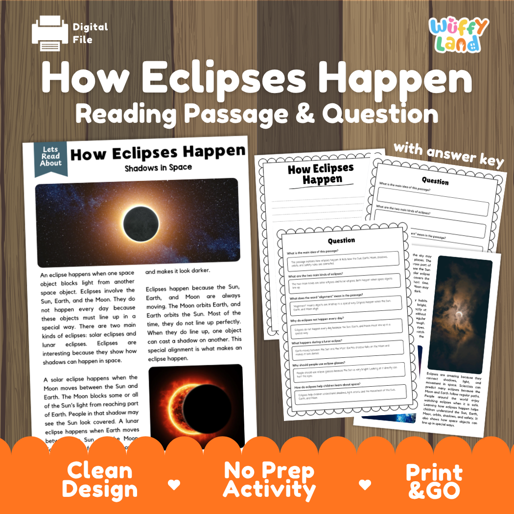 How Eclipses Happen reading comprehension passage and questions printable activity pack with answer key for elementary students