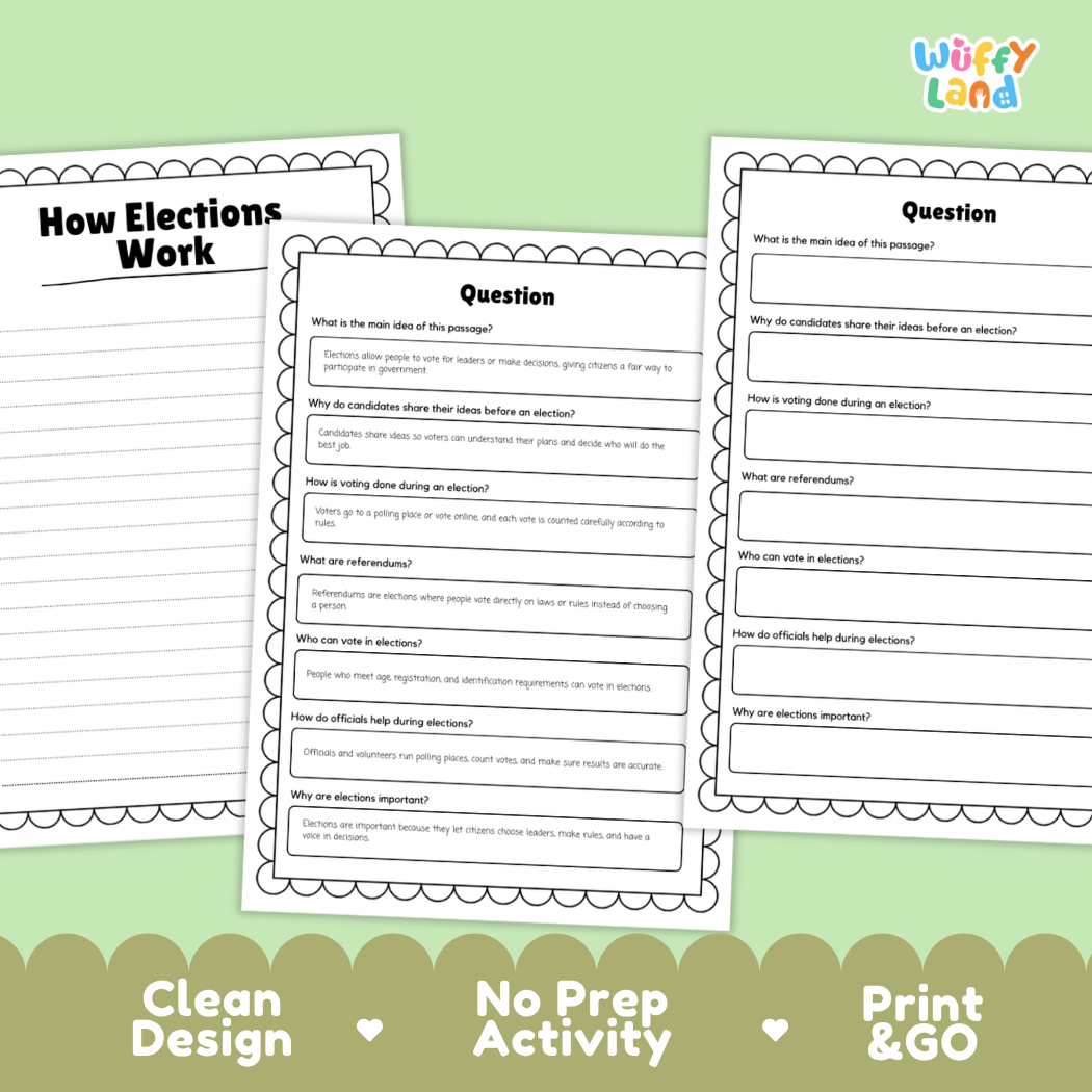 Educational reading passage explaining voting, polling places, vote counting, and how elections work