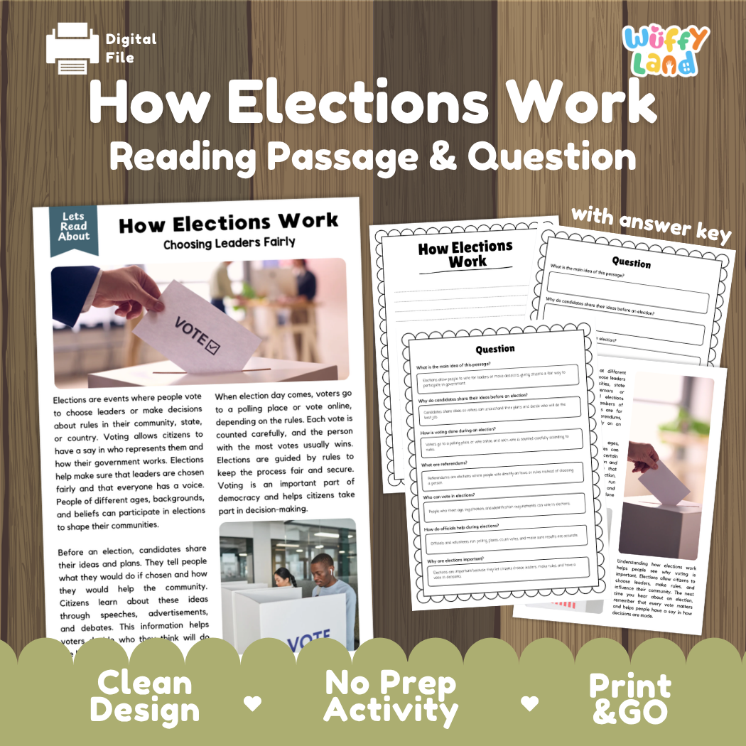 How Elections Work reading comprehension passage and questions activity pack with full answer key for students