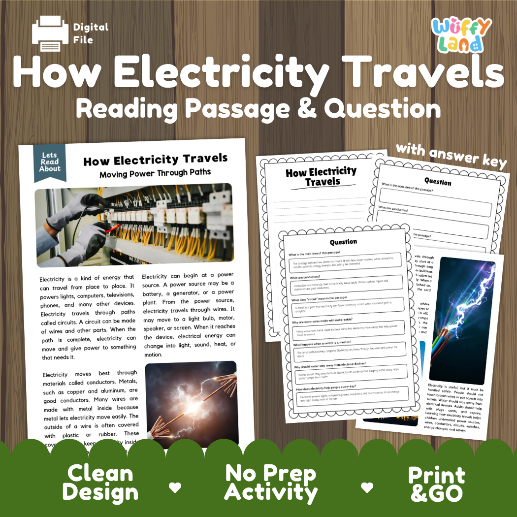 How electricity travels reading comprehension passage and questions printable activity pack with answer key for elementary students