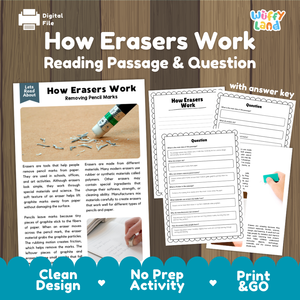 How Erasers Work reading comprehension passage and questions activity pack with full answer key for students