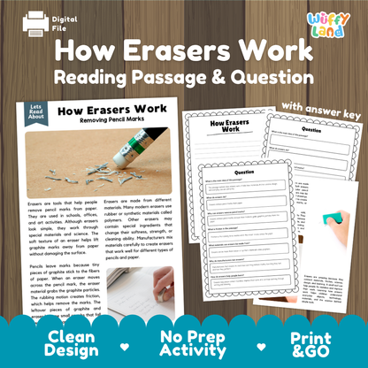 How Erasers Work reading comprehension passage and questions activity pack with full answer key for students