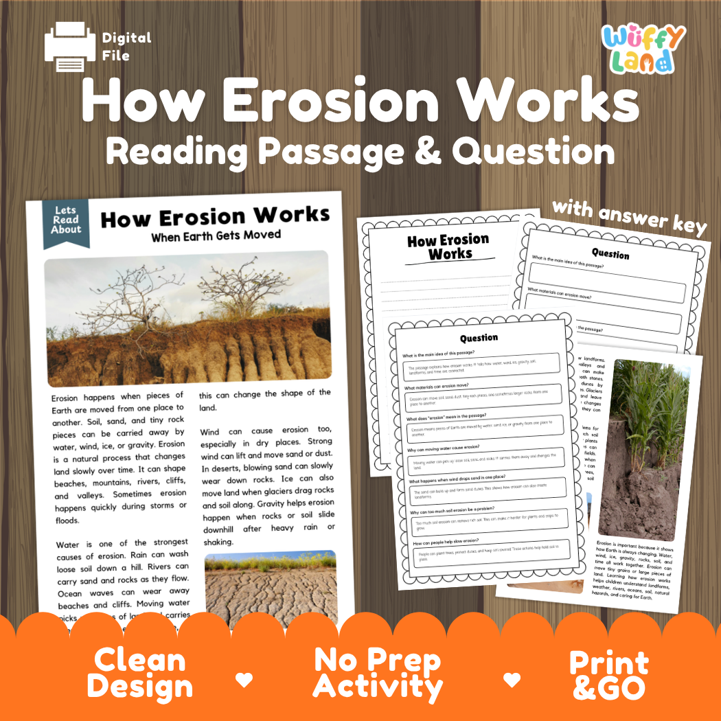 How Erosion Works reading comprehension passage and questions activity pack with full answer key for students