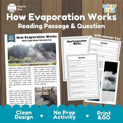 How Evaporation Works reading comprehension passage and questions activity pack with full answer key for students