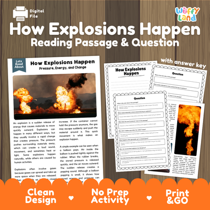How Explosions Happen reading comprehension passage and questions activity pack with full answer key for students
