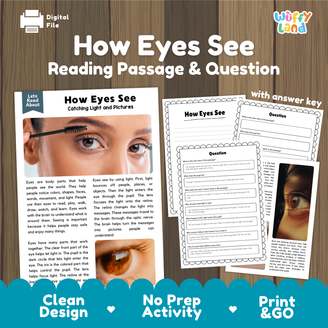 How eyes see reading comprehension passage and questions printable activity pack with answer key for elementary students