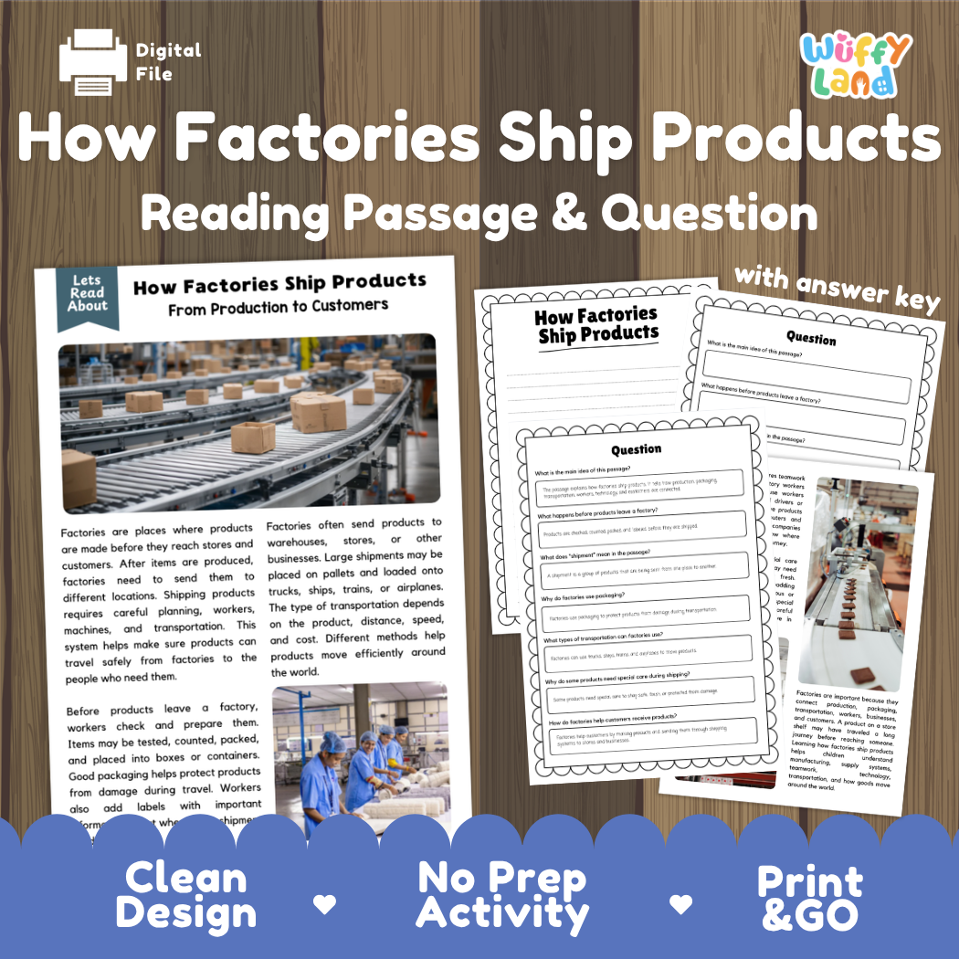 How Factories Ship Products reading comprehension passage and questions activity pack with full answer key for students