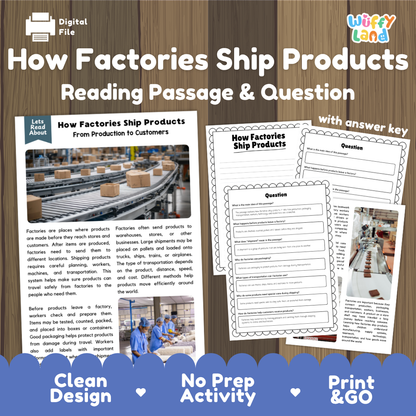 How Factories Ship Products reading comprehension passage and questions activity pack with full answer key for students