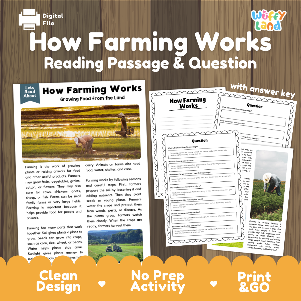 How Farming Works reading comprehension passage and questions printable activity pack with answer key for elementary students