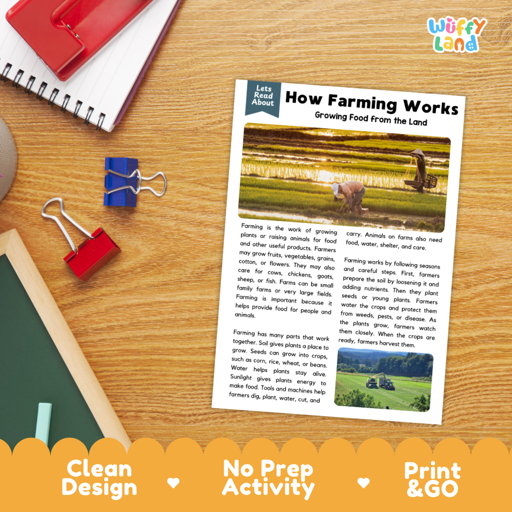 Student reading comprehension worksheet with short-answer questions and lined sections about farming and food production