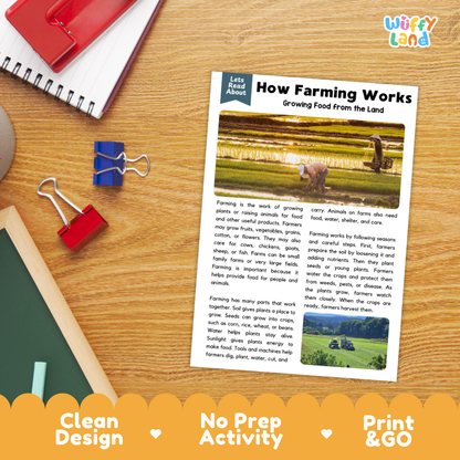 Student reading comprehension worksheet with short-answer questions and lined sections about farming and food production