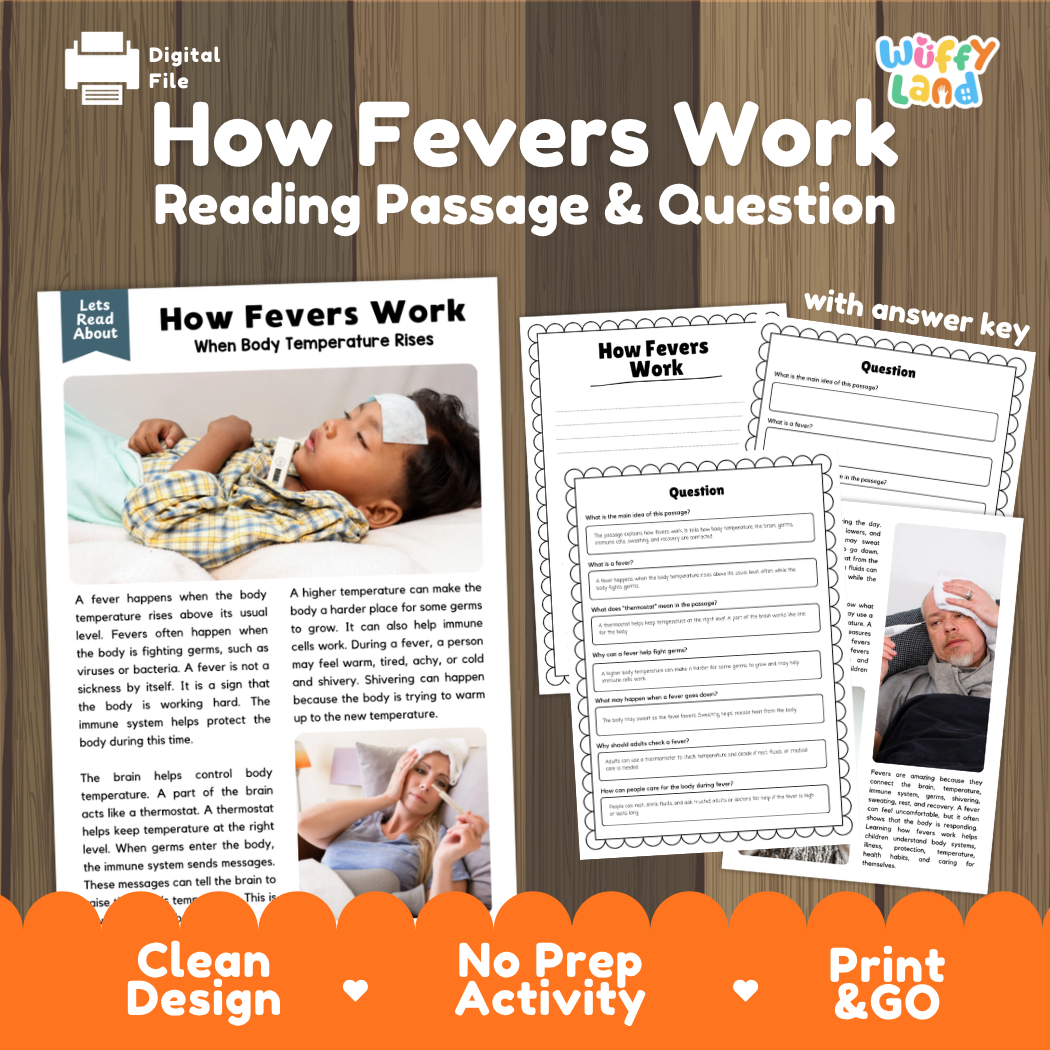 How Fevers Work reading comprehension passage and questions activity pack with full answer key for students
