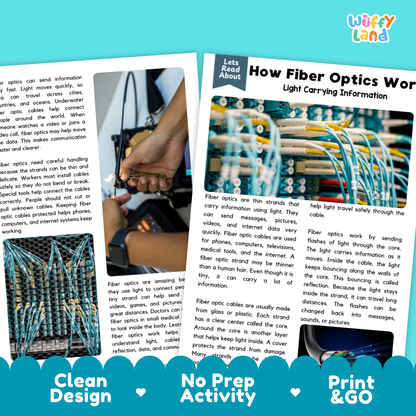 Teacher answer key page showing complete question solutions for How Fiber Optics Work physical science reading comprehension practice