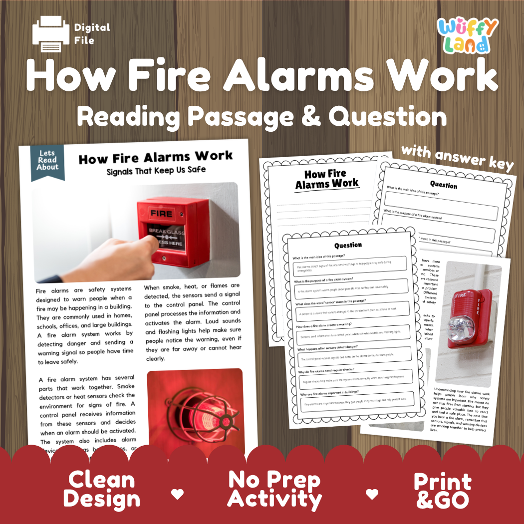 How Fire Alarms Work reading comprehension passage and questions activity pack with full answer key for students