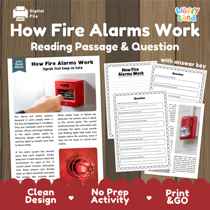 How Fire Alarms Work reading comprehension passage and questions activity pack with full answer key for students
